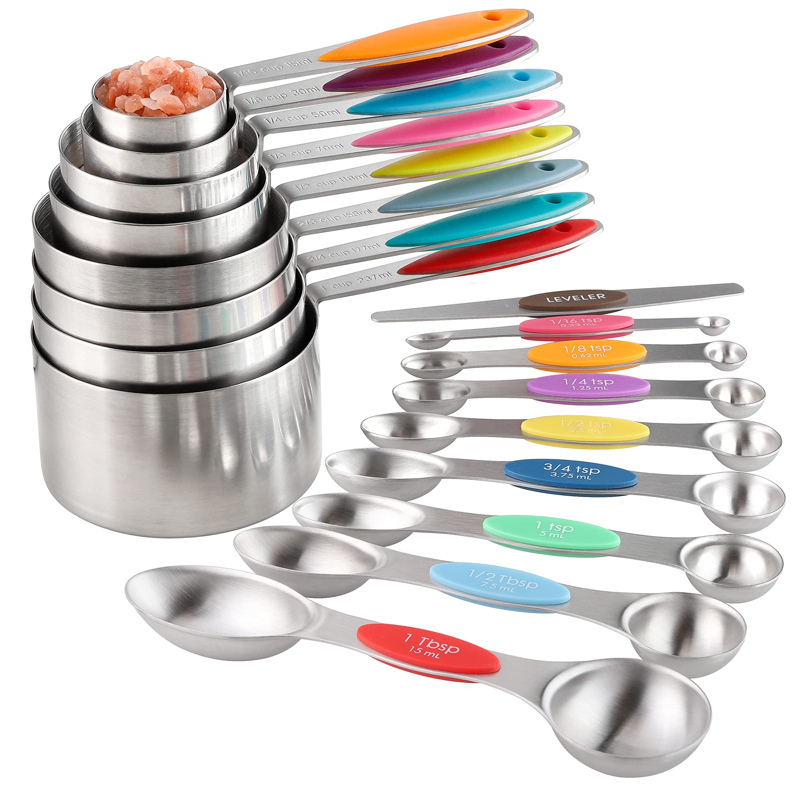 Measuring Cups and Spoons Set Stainless Steel Including 8 Stackable Measuring Cup 8 Double Sided Magnetic Measuring Spoons with 1 Leveler for Dry and Liquid Ingredients