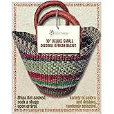 Africa Heartwood Project - Deluxe Small Colorful African Shopping Basket with Leather Handle - Classic Heartwood Bolga Market Basket from Women in Bolgatanga, Ghana - 10" U-shape Flat-packed