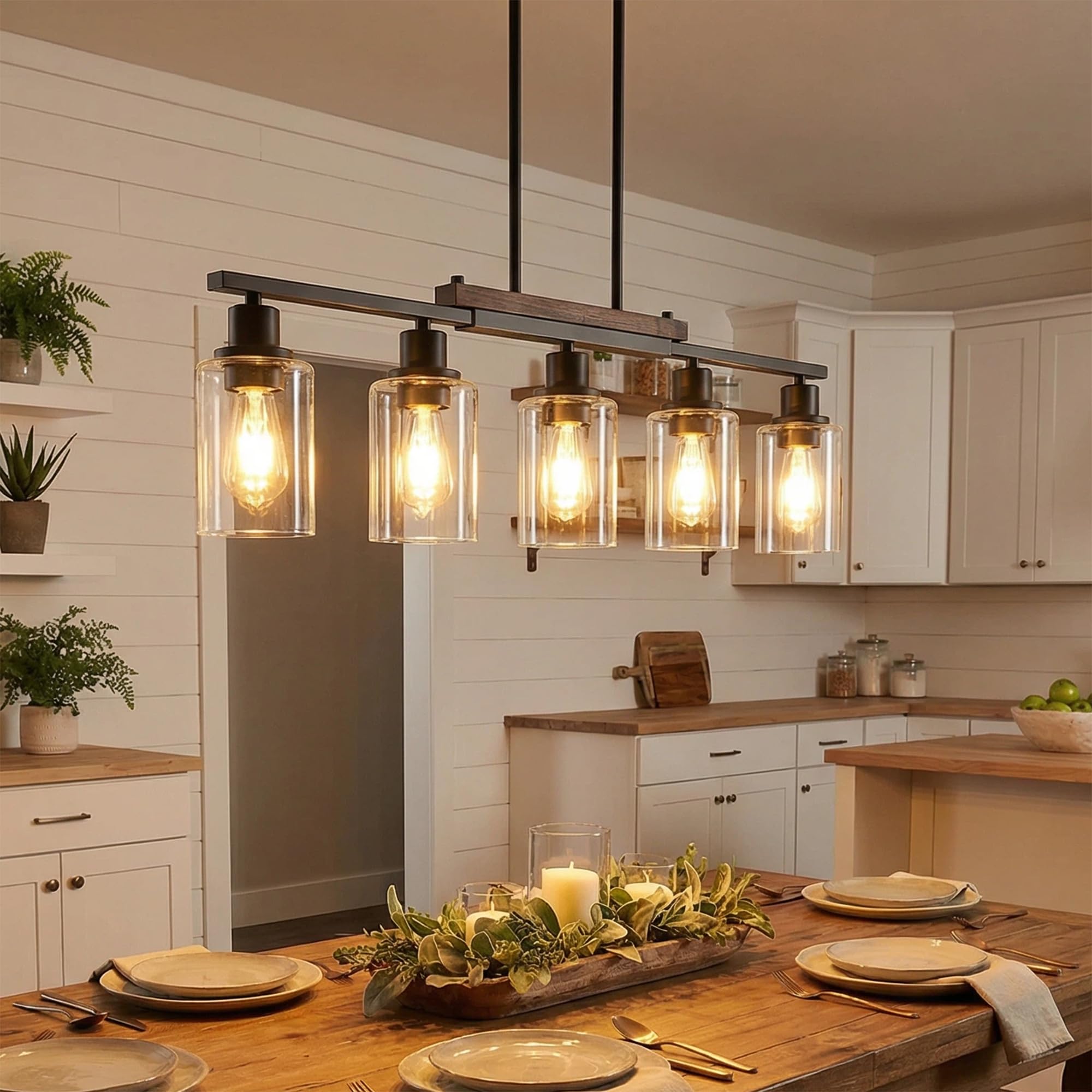 Photo 1 of 37" Farmhouse Dining Room Light Fixture Over Table, 5-Light Matte Black Wood Kitchen Island Lighting with Clear Glass Shade, Pendant Lights Linear Chandeliers for Dining Room Kitchen Island