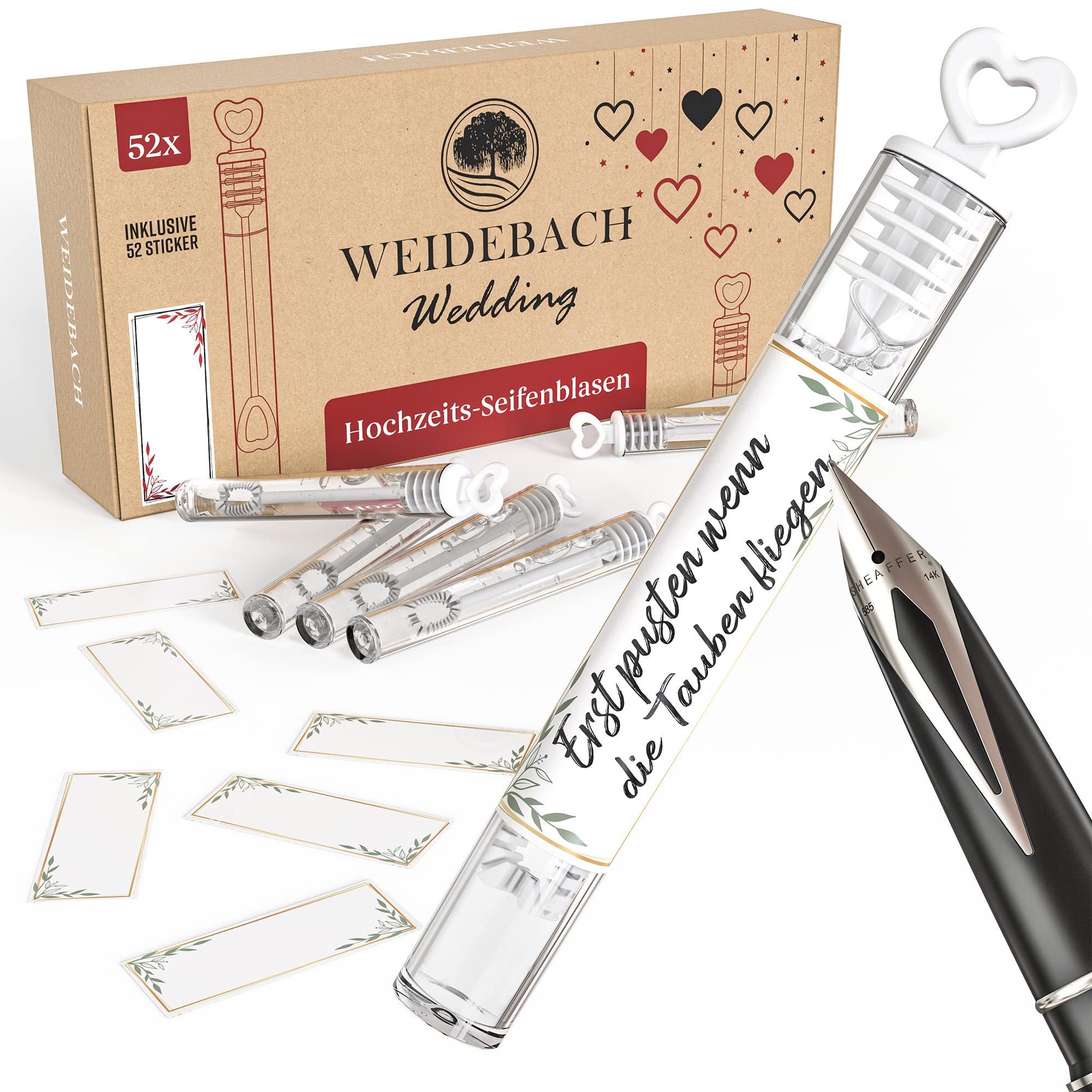 WEIDEBACH® Romantic 52x bubbles for wedding set, perfect wedding bubbles decoration incl. 52 write-on stickers, wedding bubbles favours for unforgettable wedding photo, heart bubbles, soap bubbles