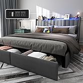 UINTAI Full Size Bed Frame with Headboard and 2 Storage Drawers, Platform Full Size Bed Upholstered with LED Lights and Charging Station, Steel Slat Support, No Box Spring Needed, Easy Assembly, Gray