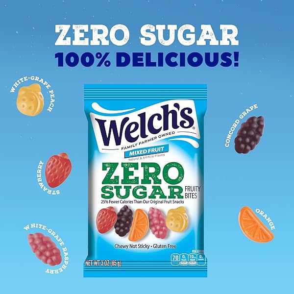 WELCH’S ZERO SUGAR FRUITY BITES, GREAT ZERO SUGAR SNACKS FOR THE OFFICE, MIXED FRUIT, 3 OZ (PACK OF 1)