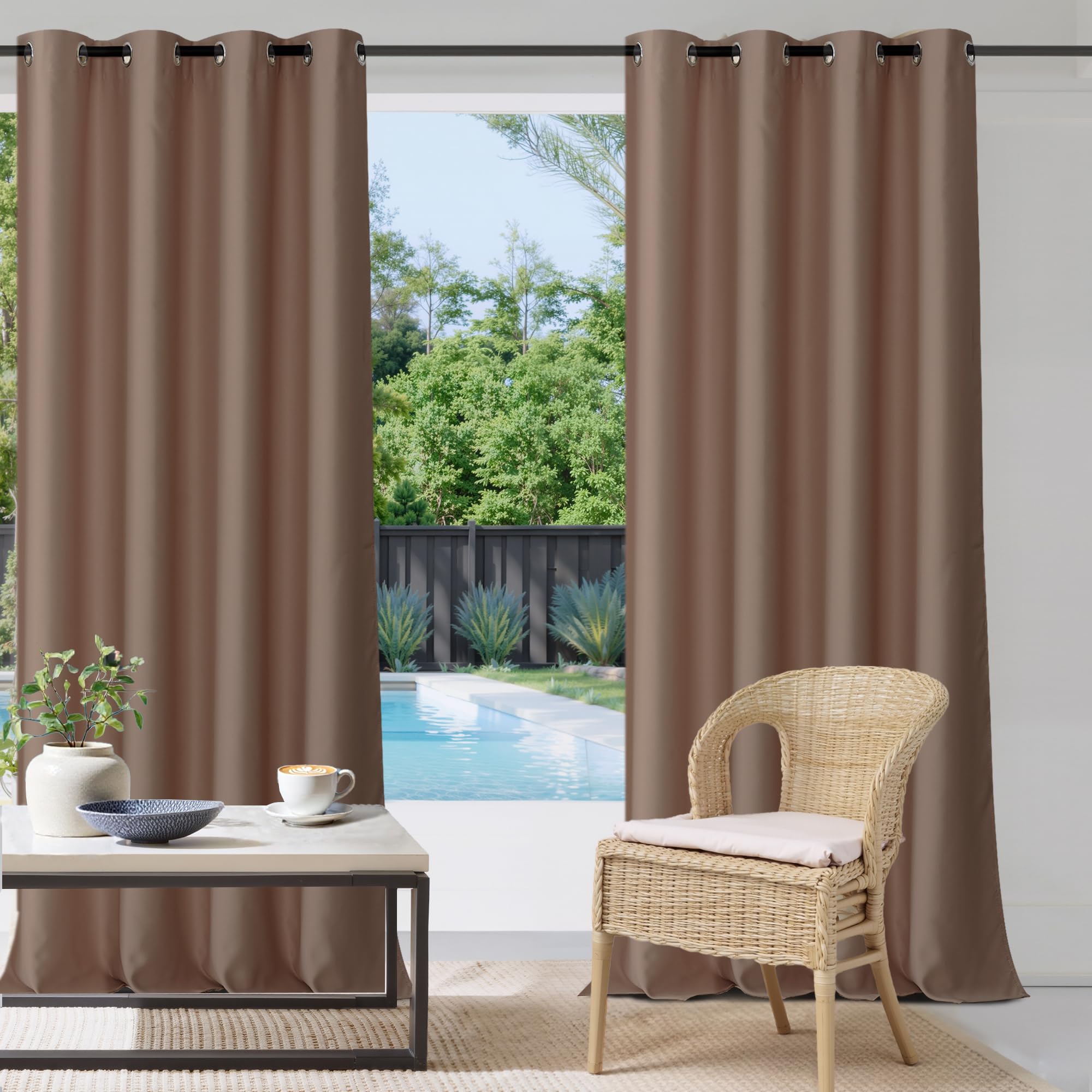 StangH Outdoor Curtains Waterproof Panel Grommet Top Heavy Duty Thermal Insulated Blackout Drapes for Front Porch/Patio/Gazebo/Balcony, Mocha, Wide 52 x Long 95 inches, 1 Panel — image 1
