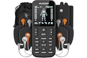AVCOO 4-Channel TENS Unit Muscle Stimulator with Intuitive Buttons for Easy Use, FSA HSA Eligible, 24 Modes TENS EMS Machine for Neck, Back Pain Relief, Rechargeable Muscle Relaxer with Bag, 10 Pads