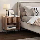 Nightstands, Walnut Fluted Night Stand, Mid Century Modern Nightstand, Bedside Table with Seamless Slatted Drawer, End Tables Bedroom with Metal Legs, Night Stand for Bedroom