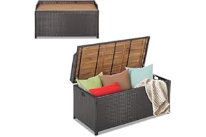 HAPPYGRILL Patio Storage Bench Rattan Wicker Deck Box with Acacia Wood Seat, Gas Strut, Zipper Liner, Handles, Outdoor Storag