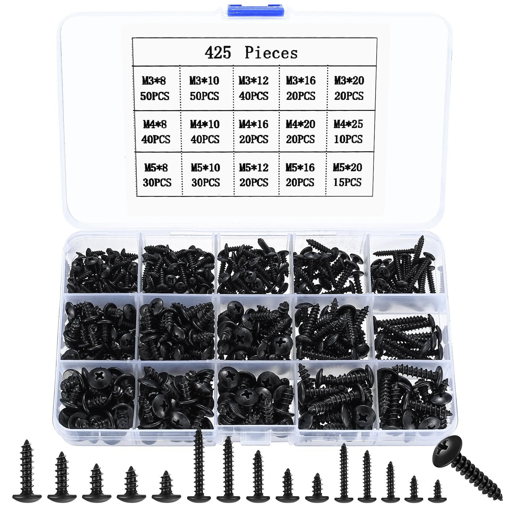 425 Pcs Large Round Self Tapping Screws, M3 M4 M5 Black Wood Screws Assortment, Wafer Head Self-tapping Cross Pan Truss Head Self Drilling Screw for Sheet Metal Plast