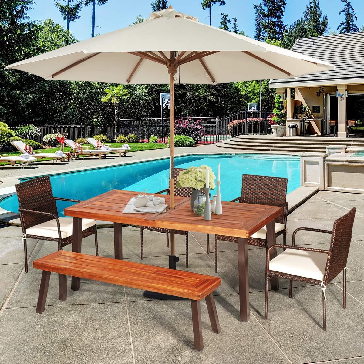 Giantex Patio Dining Table with Umbrella Hole, Outdoor Picnic Table for Backyard, Garden, Lawn, Farmhouse, Acacia Wood Rectangular Table with Metal Legs, Rustic Brown: Kitchen & Dining