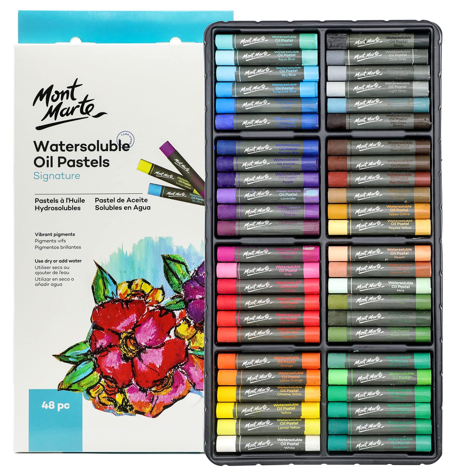 MONT MARTE Watersoluble Oil Pastels in Tin Box Signature 48pc, 48 Assorted Colors, Great Blending and Layering, Comes in Storage Case, Ideal for Art, Craft, Coloring and Sketching