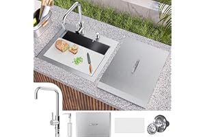 Outdoor Sink, TECASA 21 x 18 inch Drop-in Workstation Kitchen Sink, T304 Stainless Steel, Single Bowl Bar Sink with Dust Lid and Faucet, BBQ Sink Outside