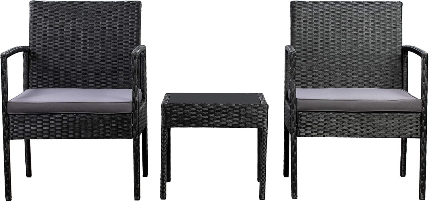 Basics Outdoor Patio Garden Faux Wicker Rattan Chair Conversation Set with Cushion - 3-Piece Set, Black: Garden & Outdoor