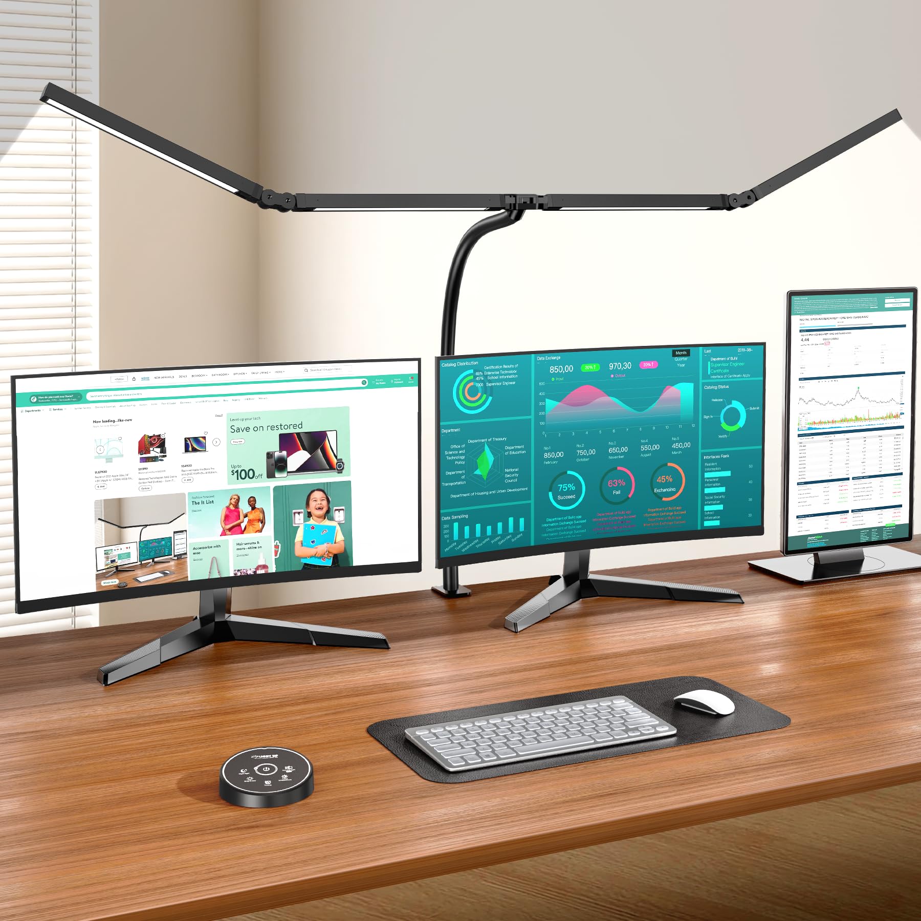 Photo 1 of Pzloz Led Desk Lamps for Home Office - Eye Caring Architect Lamp with Clamp, Double Head Computer Monitor Gooseneck Desk Light with Remote Control: 24W Flexible Dimmable Desktop Table Lamp