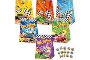 PARTY GREETING 24Pcs Hot Car Birthday Party Supplies Race Car Party Favor Bags with Stickers Colorful Racing Themed Paper Gift Goodie Bags Checkered Flag Race Theme Treat Candy Bag for Kids Boys Birthday Decorations