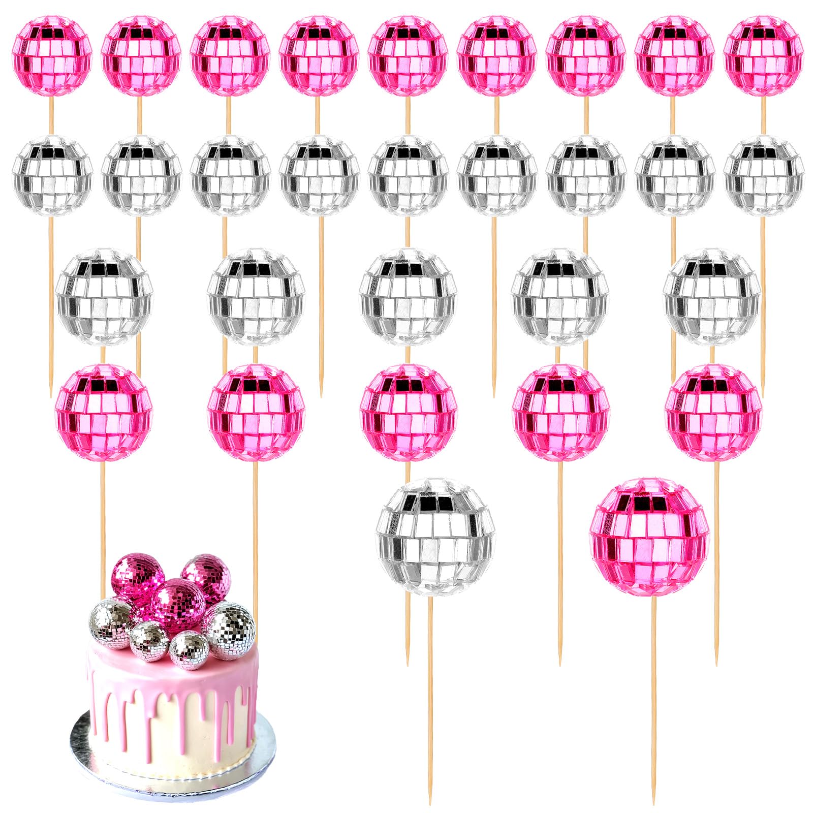 Photo 1 of 30 Pieces Disco Ball Cupcake Toppers, Mini Disco Balls Disco Party Decorations Happy Birthday Cake Topper 1970s Disco Ball for Disco Theme Party 70s Theme Party Favor 0.9/1.2/1.9" (Pink+Silver)