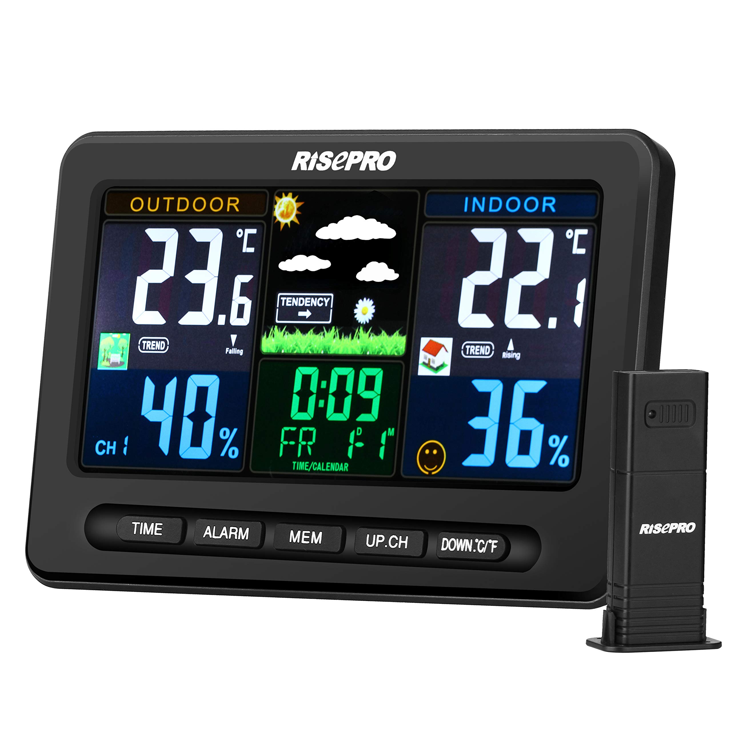 RISEPRO Wireless Weather Station with Outdoor Remote Sensor In/Out Temperature and Humidity Alarm Clock Calendar Weather Forecaster Color LCD Display