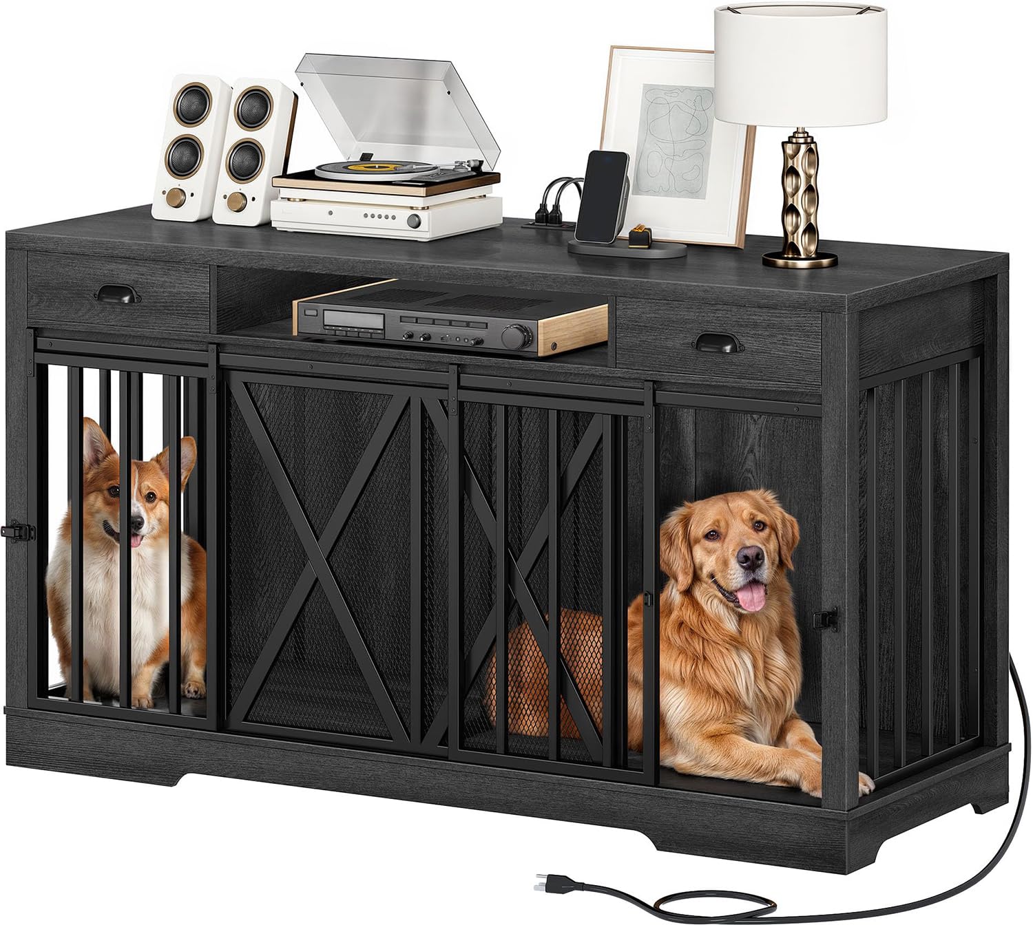 Photo 1 of [Similar] DWVO 63 Inch Double Dog Crate Furniture for 2 Dogs, Heavy Duty Wooden Dog Crate TV Stand with Charging Station, Dog Kennel Indoor Furniture Double Sliding Barn Door Design Ideal for 2 Dogs, Oak