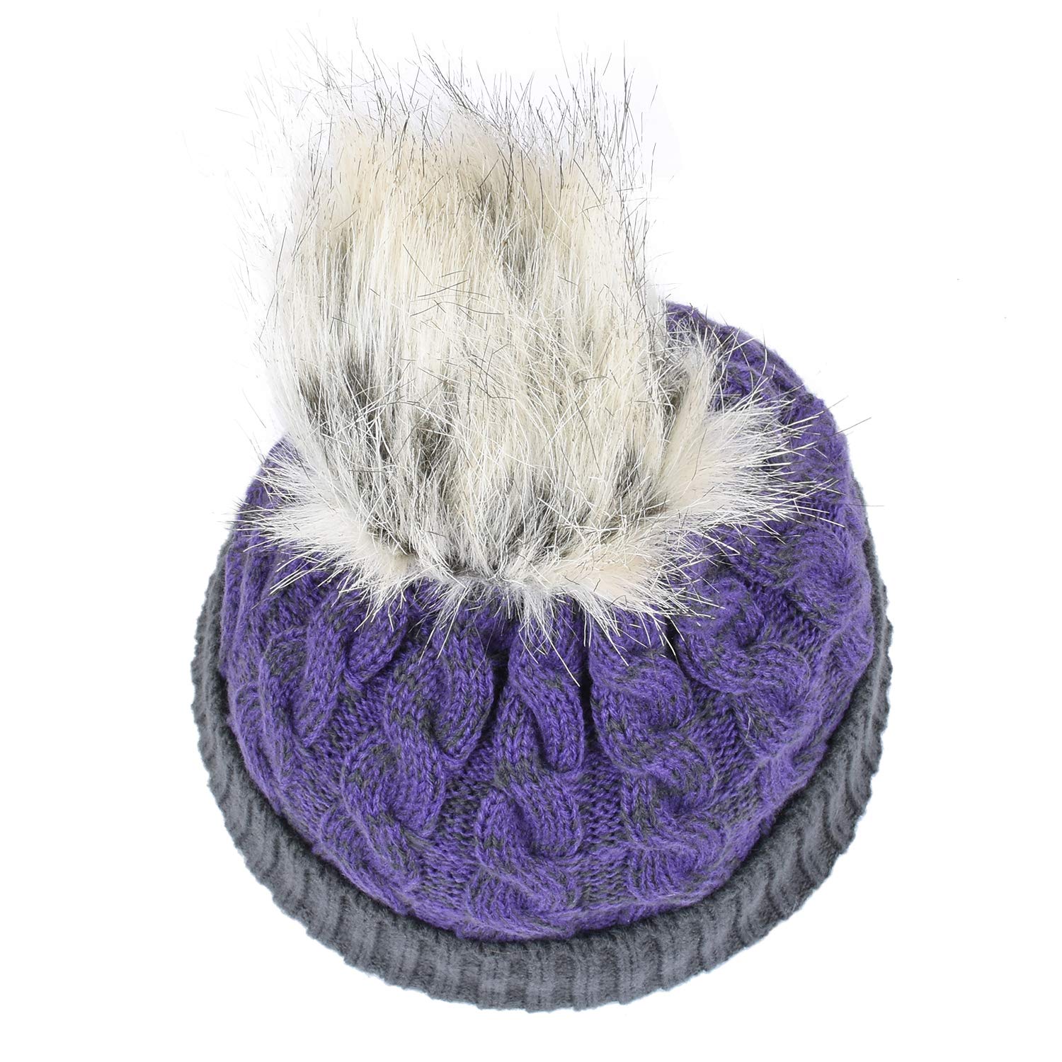 Winter Cable Knit Faux Fur Pom Pom Skull Ski Cap Two-Toned Cuff Beanie