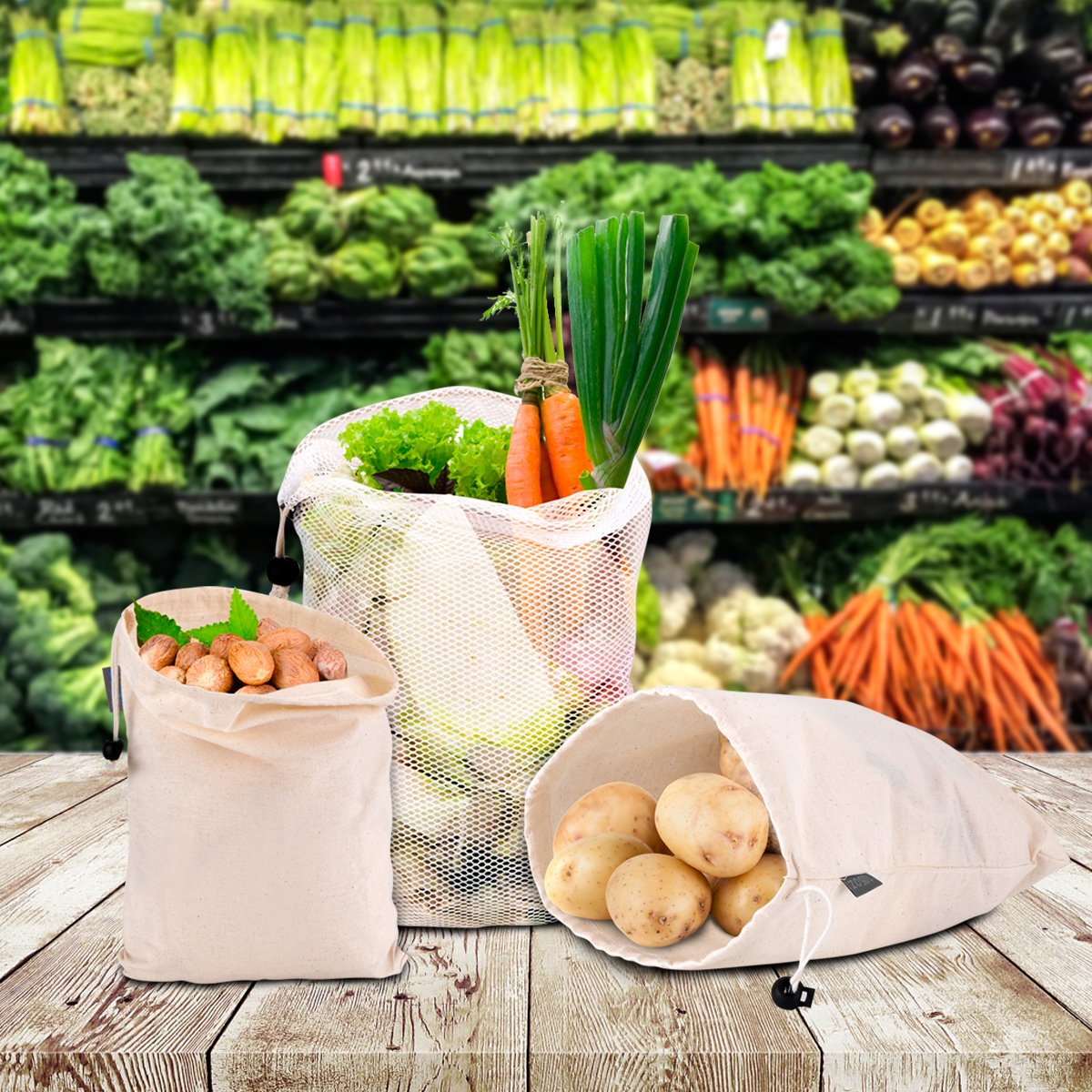 Reusable Produce Bags,WU-MINGLU Eco-Friendly Organic,Safe Freshness, 4 Sizes Muslin Cotton Drawstring & Premium Mesh Bag Set, Washable For Grocery Shopping,Storage and Vegetables(9Pack)