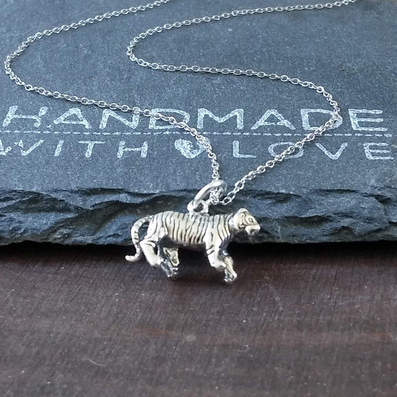 Sterling Silver Tiger Charm Pendant Necklace, 18" Handmade