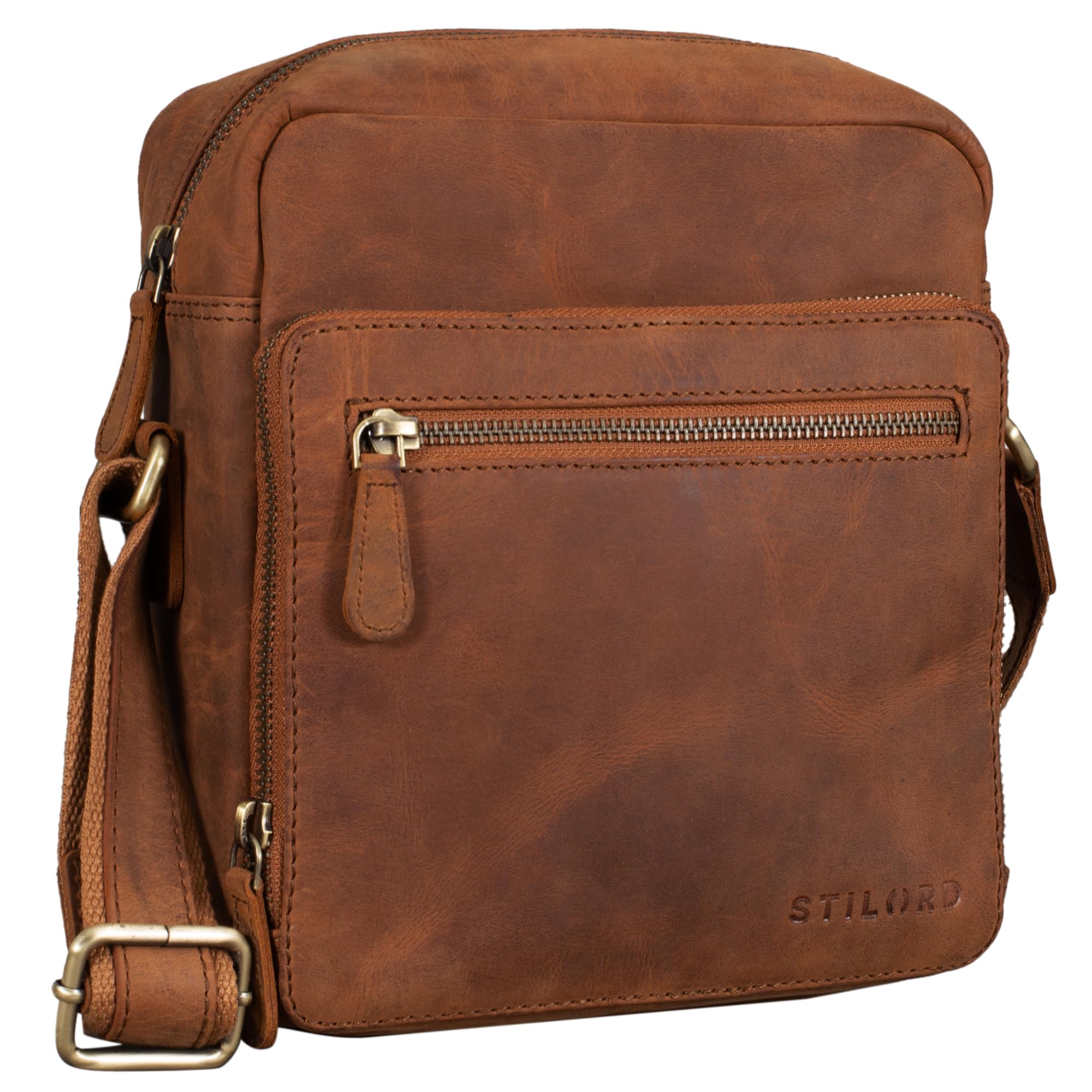 STILORD "Nathan" Vintage Cross-Body Bag Small for Men/Shoulder Bag/for 10.1 inch Tablets iPad Genuine Buff Leather Colour:tan - Dark Brown
