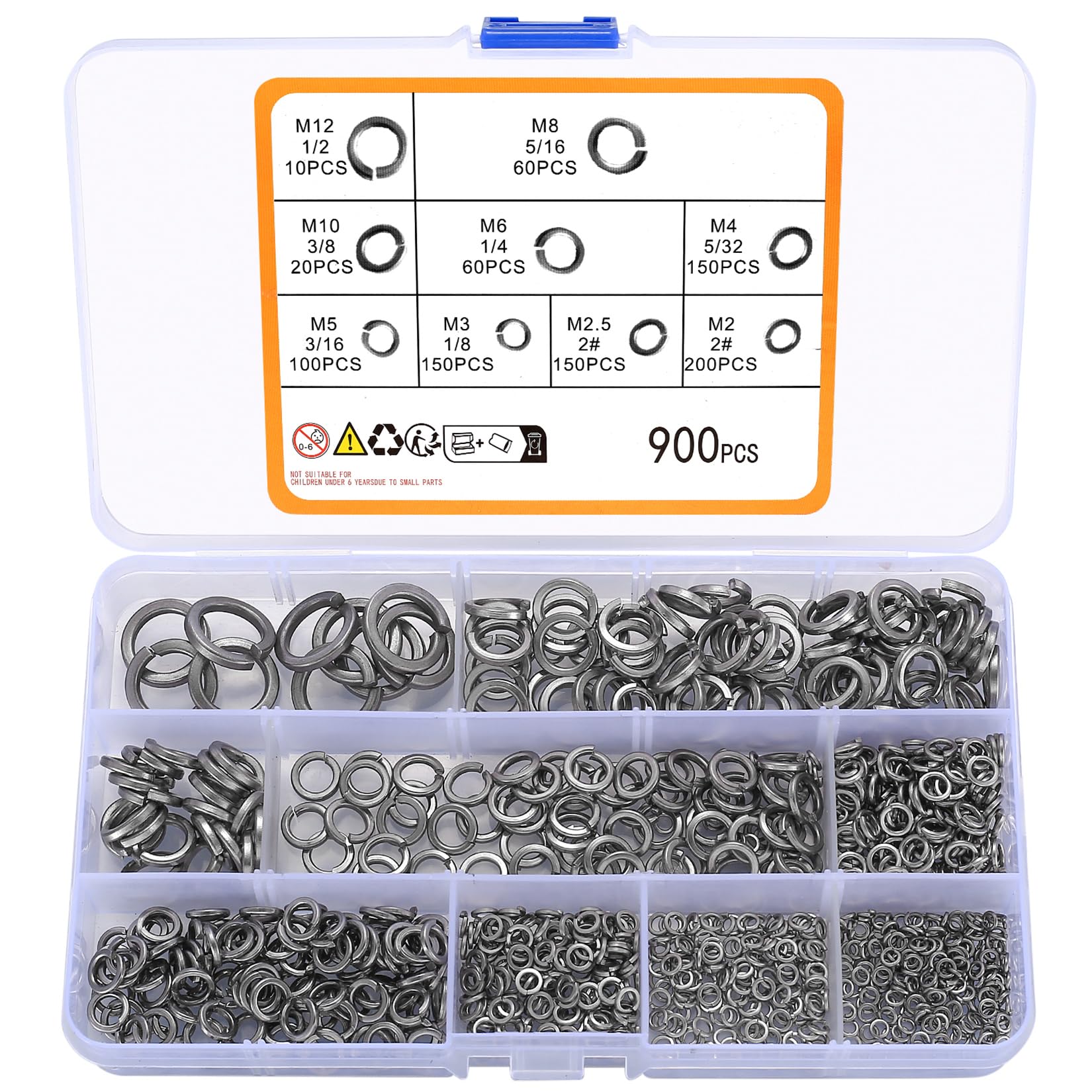 Split Lock Washers, 900pcs Stainless Steel Spring Lock Washer, Split Ring Washer Elastic Gaskets for Bolts Screws(M2 M2.5 M3 M4 M5 M6 M8 M10 M12)