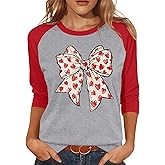 PICKID Valentines Shirts for Women Cute Love Heart Graphic T-Shirt 3/4 Sleeve Valentine's Gift Tees