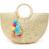 Womens Large Straw Beach Tote Bag Hobo Summer Handwoven Bags Purse wth Pom Poms