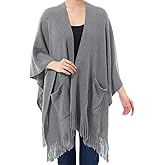 Cutecrop Knitted Poncho for Women, Shawl Wraps with Pockets, Open Front Fringe Winter Shawl with Tassel, Gift for New Year