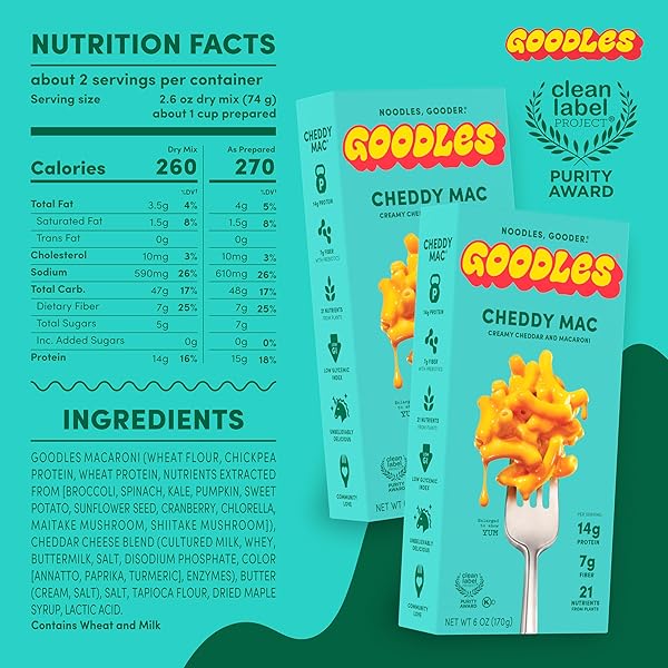 GOODLES CHEDDY MAC CREAMY CHEDDAR AND MACARONI PASTA – NUTRIENT PACKED WITH REAL CHEESE, FIBER, PROTEIN, PREBIOTICS, PLANTS, & VEGETABLES | NON-GMO, ORGANIC INGREDIENTS [CHEDDY MAC, 6 OZ. 1 PACK]