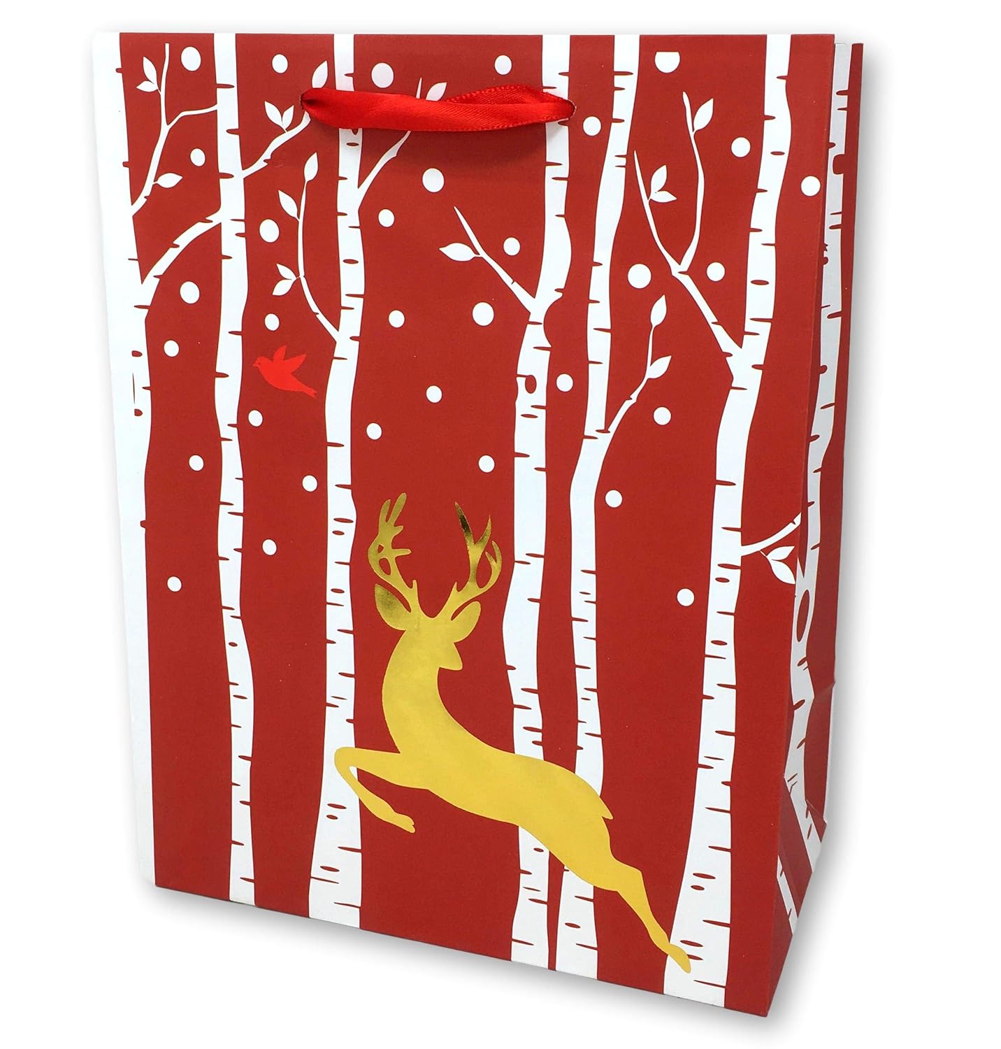 LPS Christmas Gold Reindeer with Cardinal Gift Bags with Trees - Medium Size - Foil Accents and Ribbon Handles - Holiday Party Favor Supplies - 12 Pack