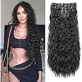 FLUFYMOOZ Clip In Hair Extensions,6PCS Hair Extensions Long Mermaid Waves Wavy Synthetic Clip On Hairpiece For Women 24 Inch (Natural Black)