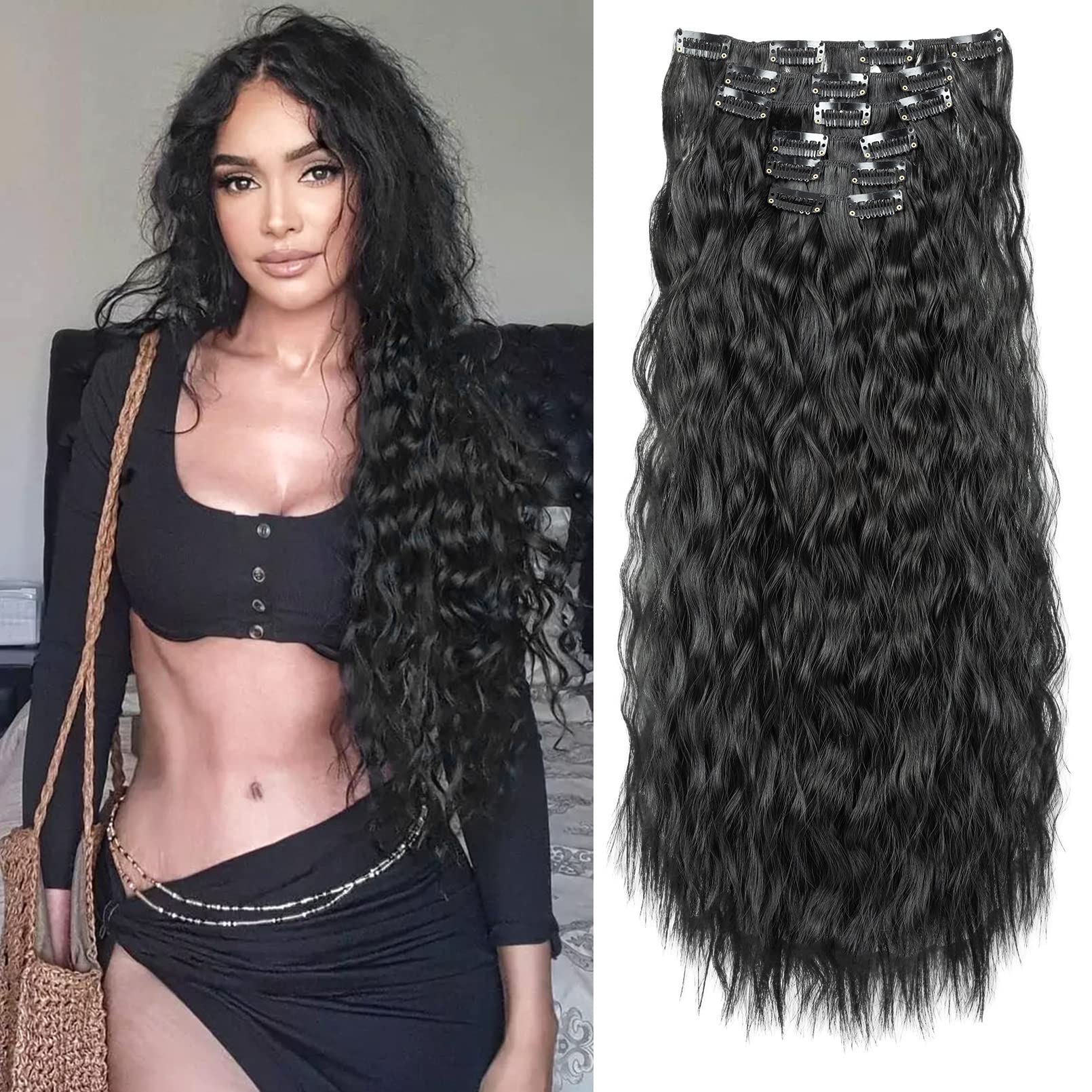 FLUFYMOOZ Clip In Hair Extensions,6PCS Hair Extensions Long Mermaid Waves Wavy Synthetic Clip On Hairpiece For Women 24 Inch (Natural Black)
