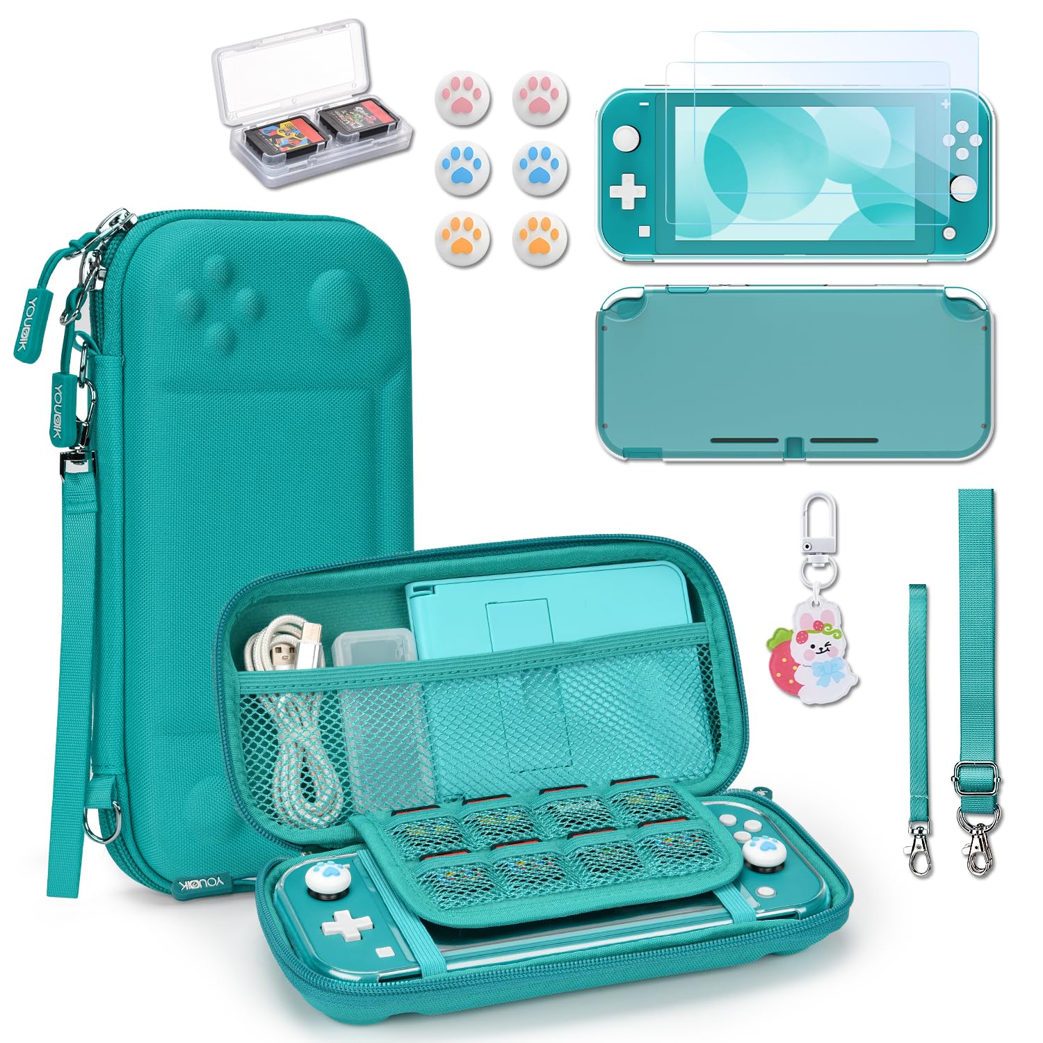 Younik Switch Lite Hülle, 14-in-1 Switch Lite Zubehör mit Switch Lite Tasche, klare Schutzhülle, Spielkartenhülle, 2 Bildschirmschützern, 6 Daumengriffen, Anhänger, Türkise Tragetasche für Switch Lite