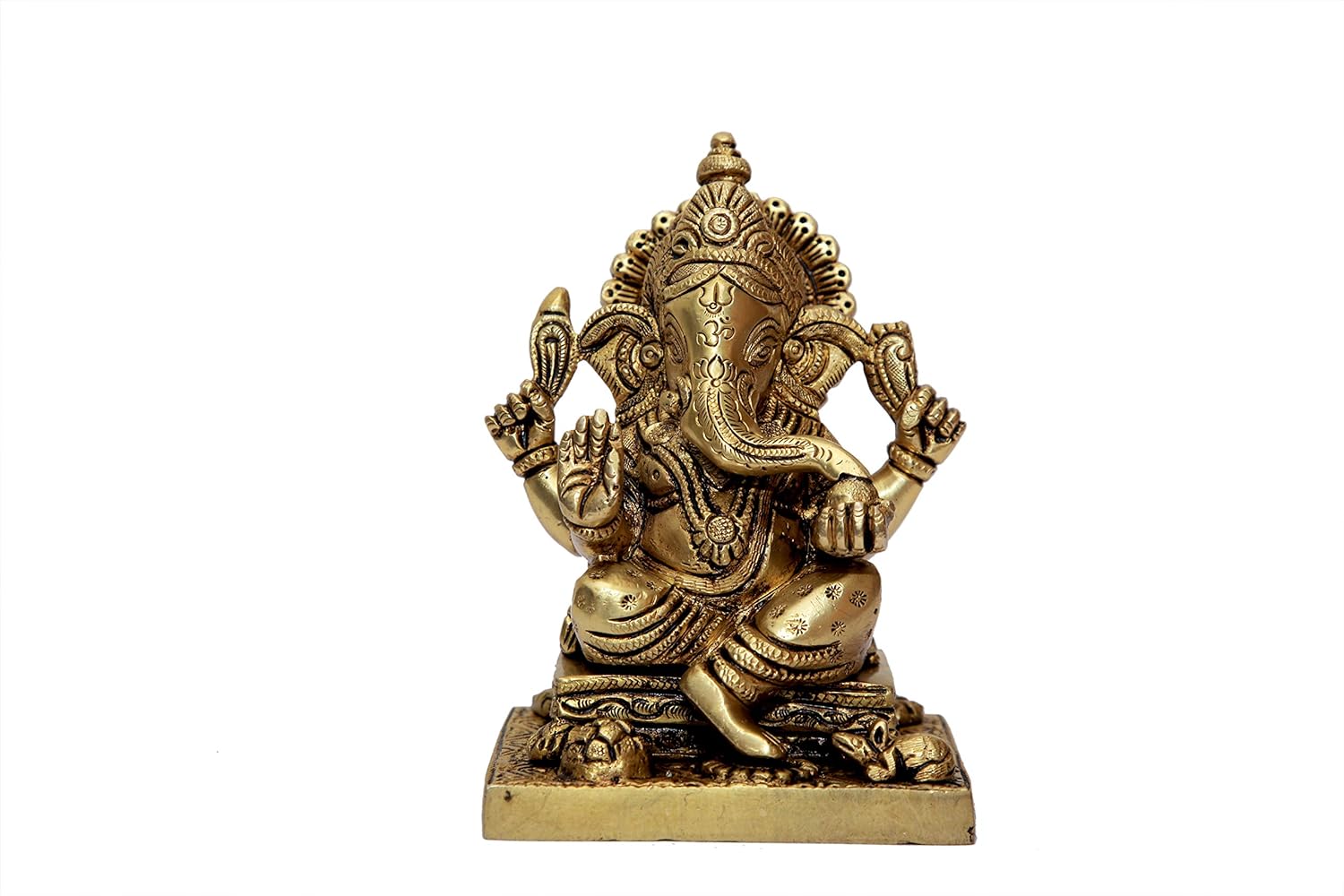 BHARAT HAAT Brass Handicrafts Ganesh with Bajath Ganesh Bhagwan Idol Ganpati Murti Metal Statue for Home Office Table Entrance Decor Pooja Best (4.5 inch, Yellow) BH07168