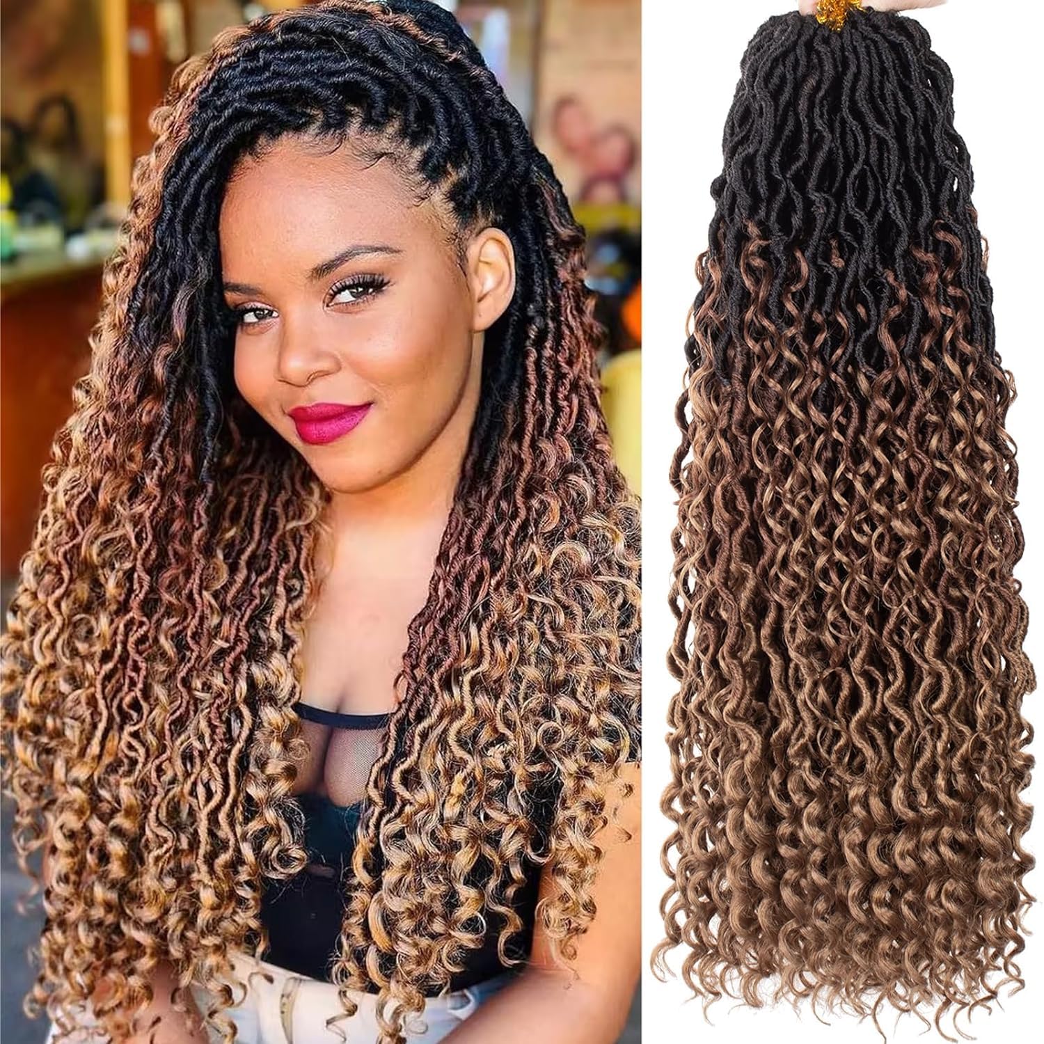 Mscat 24Inch 8 Packs 3 Tones River Faux Locs Crochet Hair With Curly Hair In Middle And Ends Pre-Looped Crochet Braids Messy Bohemian Fuax Locs Hair Extensions (12Strands/Pack 1B3027#)