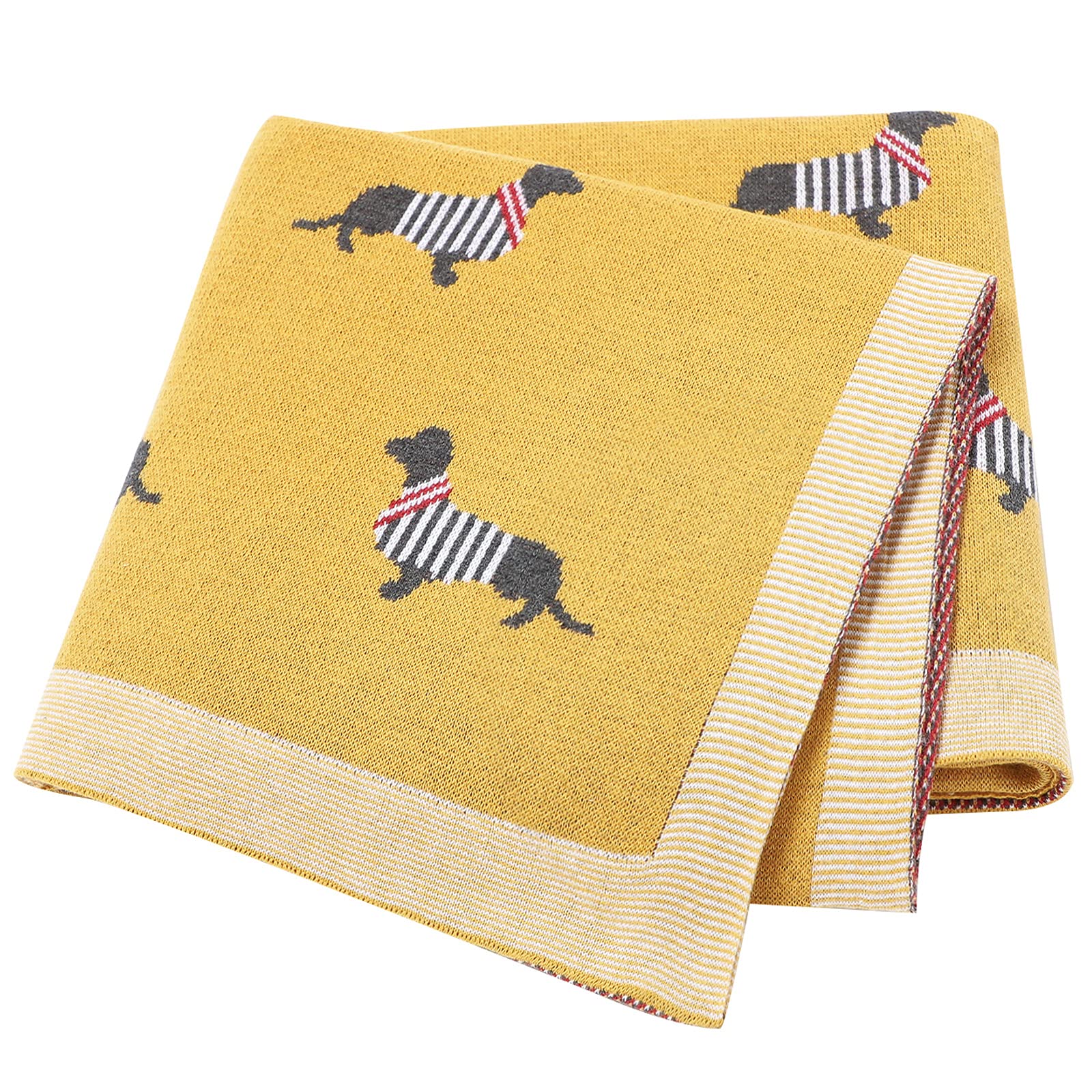 LAWKUL Baby Blanket Knitted 100% Cotton Soft Blankets for Newborn Boy Girls Sausage Dog Dachshund 100x80cm Mustard Yellow
