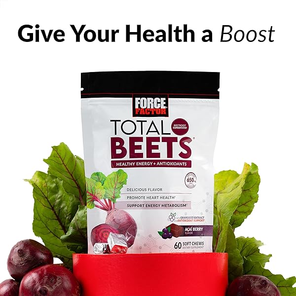 FORCE FACTOR TOTAL BEETS SOFT CHEWS WITH BEETROOT, NITRATES, L-CITRULLINE, GRAPESEED EXTRACT, AND ANTIOXIDANTS, HEALTHY ENERGY SUPPLEMENT WITH ELITE INGREDIENTS, HEART HEALTH SUPERFOOD, 60 CHEWS