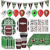 128PCS Football Party Supplies Kit Football Plates and Napkins Tableware Set Include Paper Plates Napkins Cups Forks Tablecloth Banner Balloons for Gameday Touchdown Birthday Party Decoration Serve 20