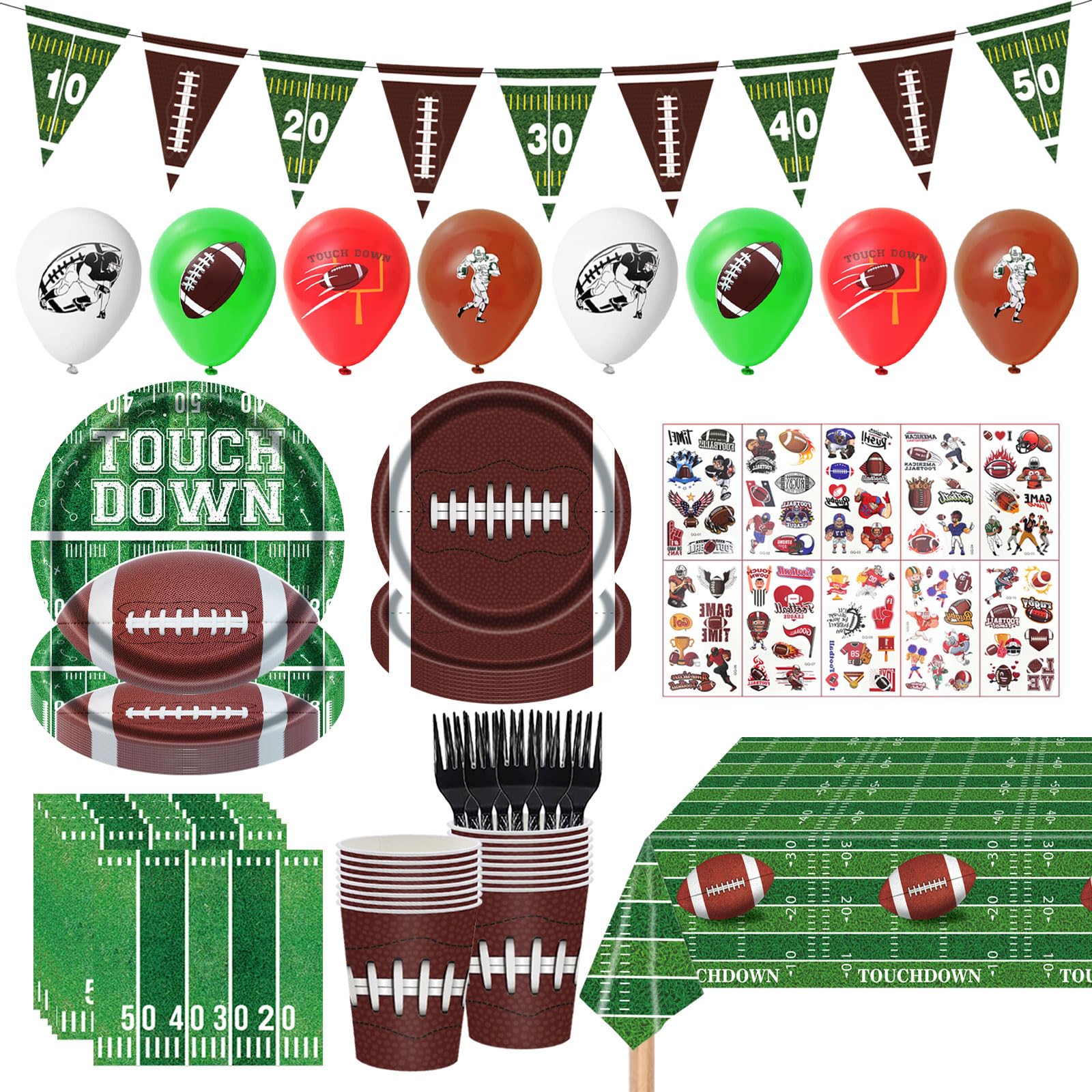 Photo 1 of 128PCS Football Party Supplies Kit Football Plates and Napkins Tableware Set Include Paper Plates Napkins Cups Forks Tablecloth Banner Balloons for Gameday Touchdown Birthday Party Decoration Serve 20