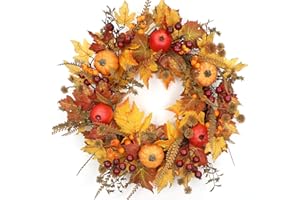 CHRISXIAO 24 Inch Fall Wreath - Artificial Fall Wreaths for Front Door with Maple Leaves, Oak Leaves, Pumpkins Berries for Outside Indoor Wall Window Festival Thanksgiving Autumn Wreaths Decor