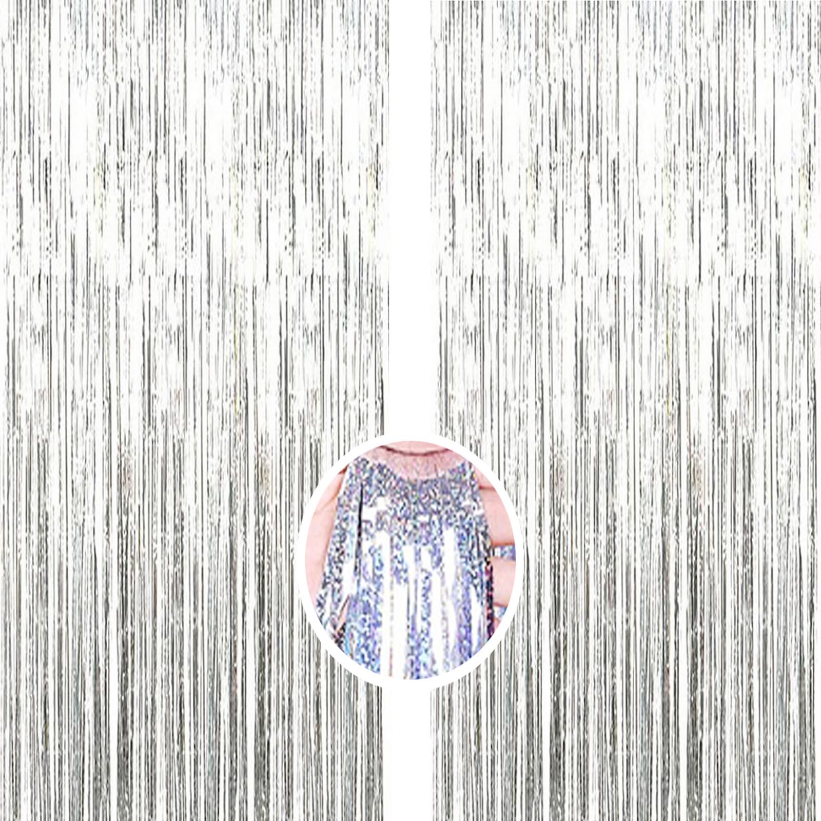 Silver Backdrop Streamers - AILEXI 2 Pack 3.2 ft x 8.2 ft Metallic Tinsel Foil Fringe Curtains for Photobooth Party Decor