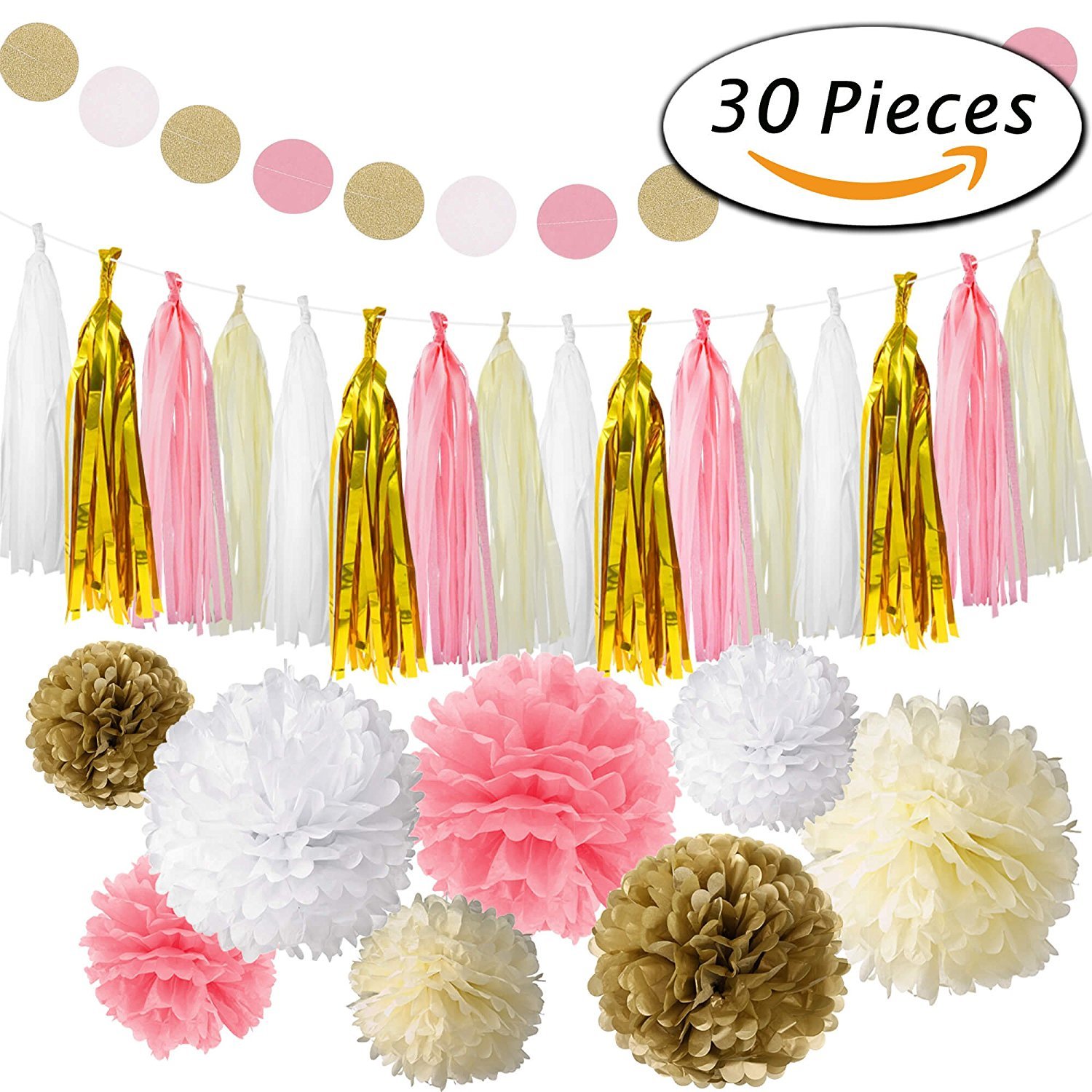 Rubikliss 30 Pcs Tissue Paper Pom Poms Flowers Tissue Tassel Garland Polka Dot Paper Garland Kit for Wedding Party Decorations