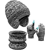 Kids Winter Hat Gloves Scarf Set,Toddler Girls Boys Beanie Hat with Earflaps,Knit Mittens & Neck Gaiter Warmer for Kids 4-12