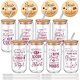 Tioncy 8 Pcs Teacher Appreciation Gifts for Women 16 oz Thank You Teacher Gifts Glass Cups with Bamboo Lids Straws Brushes Iced Coffee Cups for Graduation Birthday Party Favors