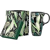 Topadorn Ceramic Coffee Mug Travel Cup Gift with Lid 17oz, Porcelain Tall Tea Cup with Handle for Home & Office, Green Leaves Art Pattern Mug in Gift Box, 6.5" H