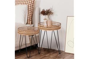 ONESPRUCE Oakrain Boho Side Table Nesting Tables Set of 2, Wicker Coffee Table Living Room, Round Rattan Side Table, Bamboo Coffee Table for Balcony, Hallway