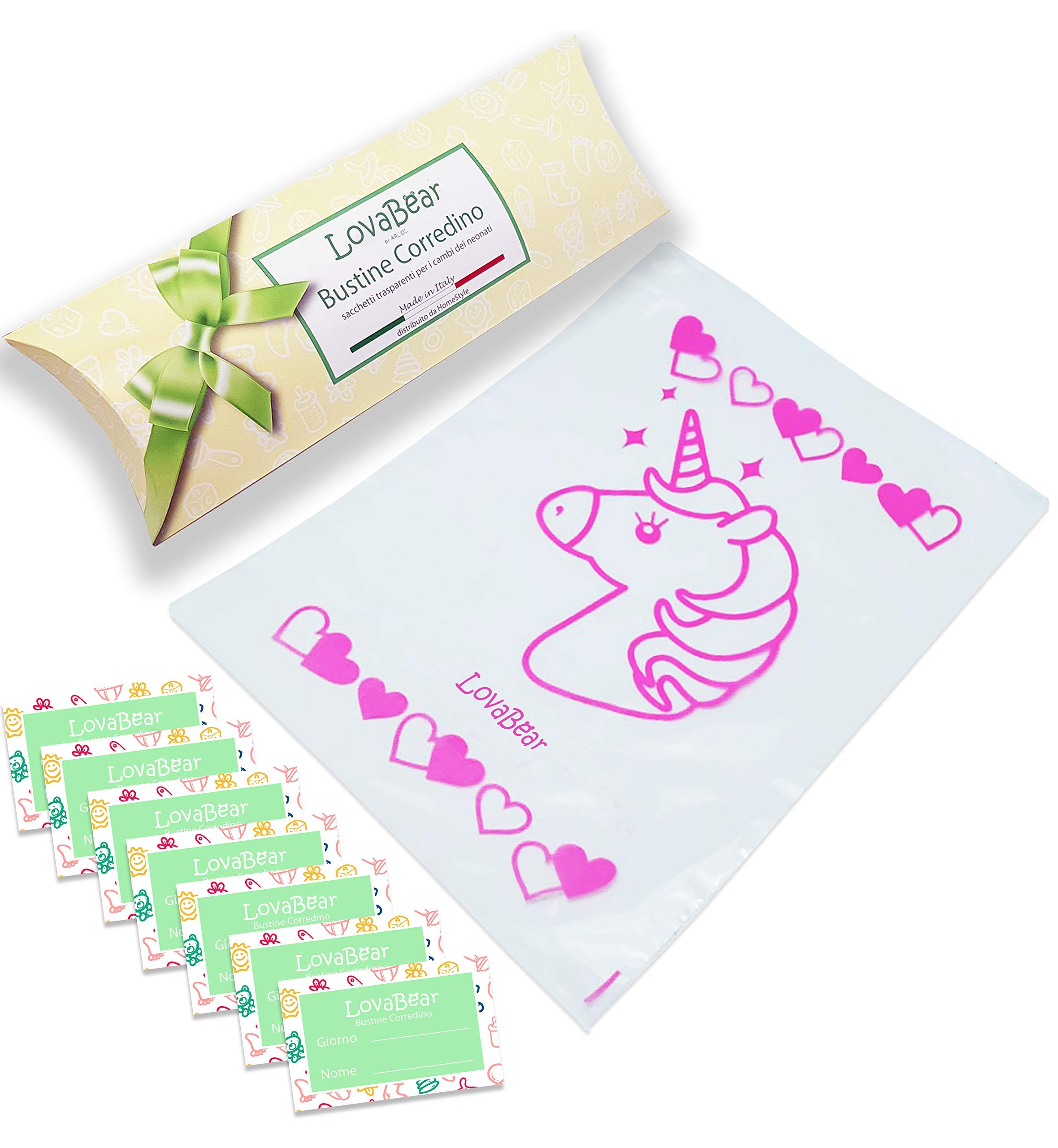 SweetBaby 7 Sachets Corredino Bébé - Sachets Hôpital Naissance Fermeture avec Curseur Hermétique GripLock, Transparents Porte Premier Changement de Vêtements Sac Part, Fille (Licorne ) (7 Sachets