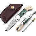 Lara Eagle Damascus Pocket Knife for Men - Multi Layer Solid Steel Handmade Folding Hunting Knives Turquoise & Camel Bone Handle with Sharpner and Leather Pouch - Best Knife for Camping Hunting Hiking - Father’s Day Gifts for Men Husband Dad
