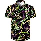 Fashonal Mardi Gras Shirts for Men Short Sleeve Botton Down Shirt S-4XL