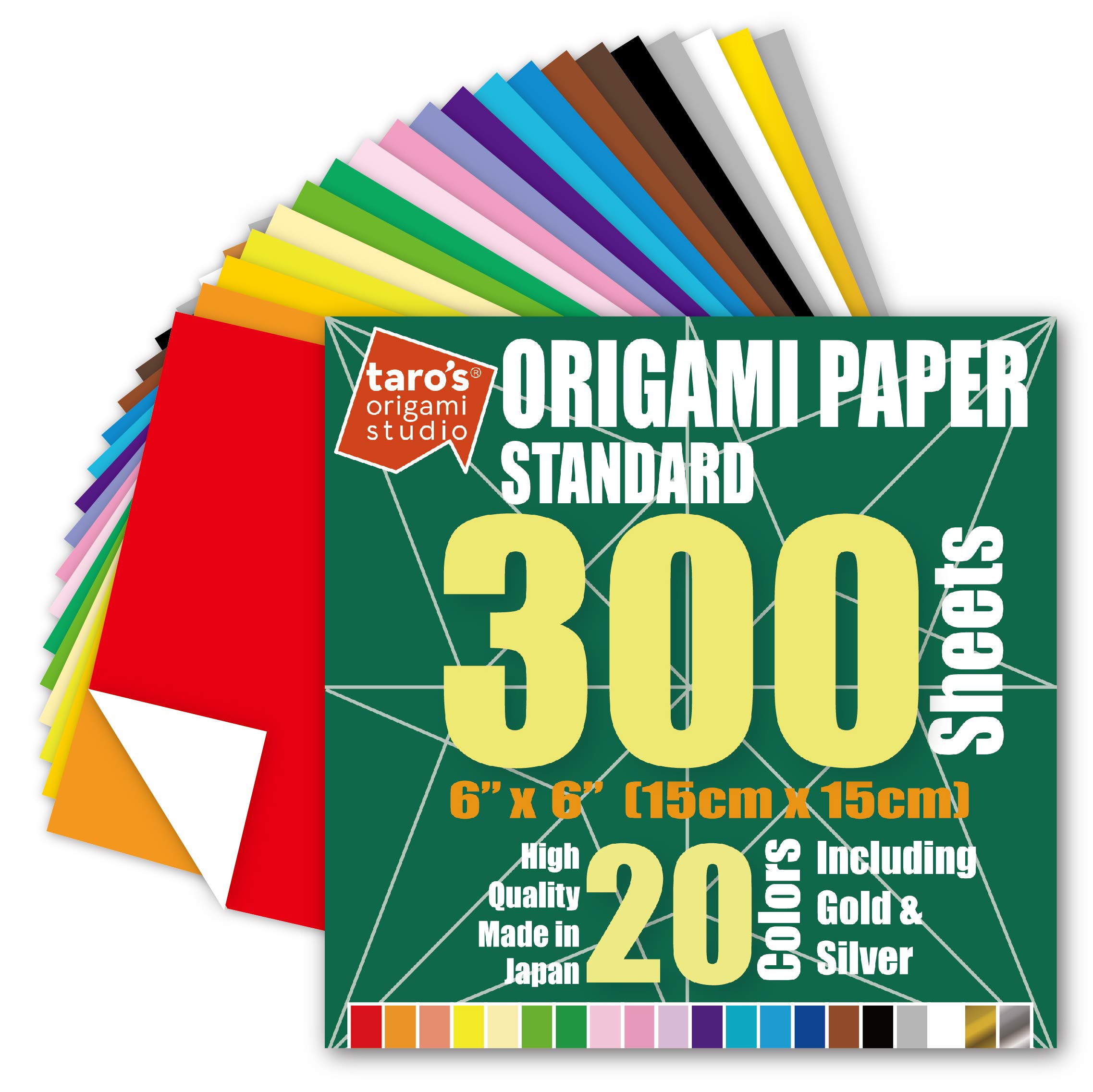 Photo 1 of [Taro's Origami Studio] Standard 6 Inch One Sided 20 Colors 300 Sheets Square Easy Fold Premium Japanese Paper for Beginner (Gold and Silver Included) Made in Japan